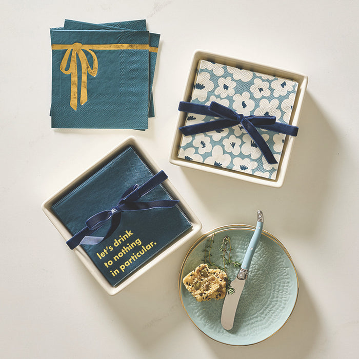 White Flowers Ceramic Napkin Tray & Napkins