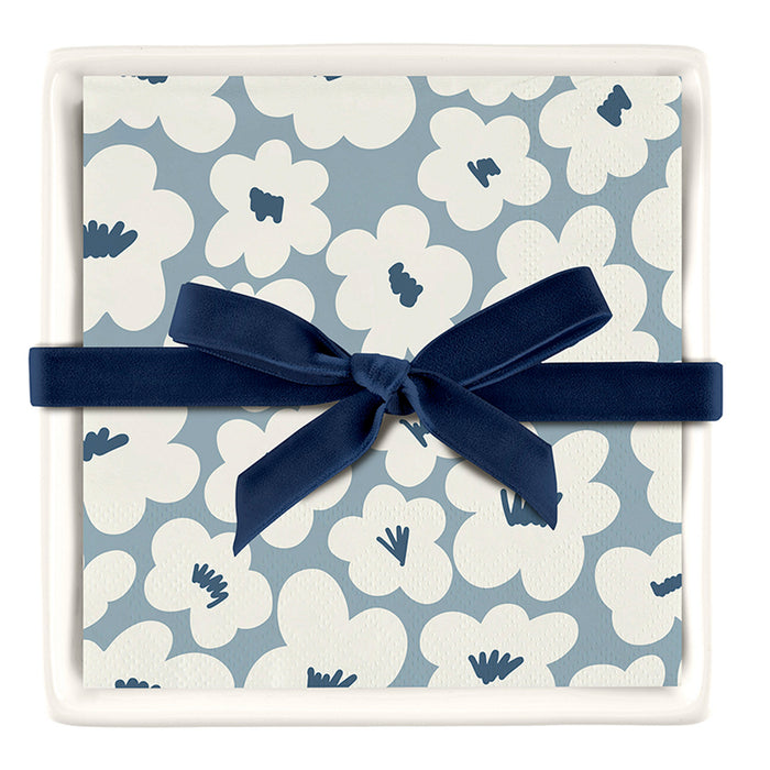 White Flowers Ceramic Napkin Tray & Napkins