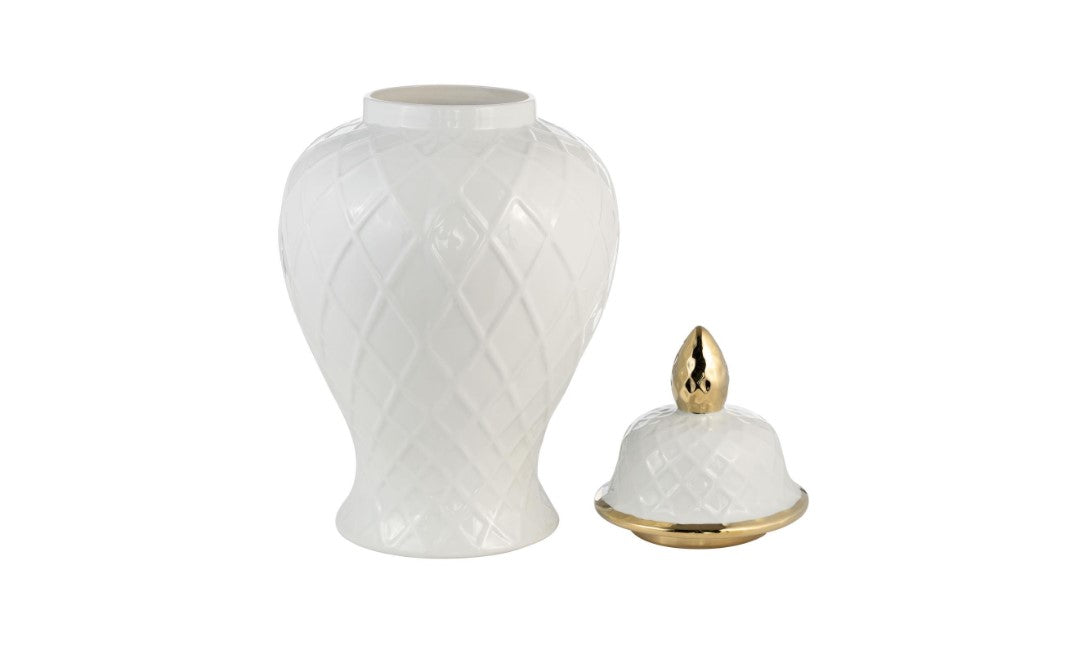 Ceramic Rope Temple Jar - White / Gold