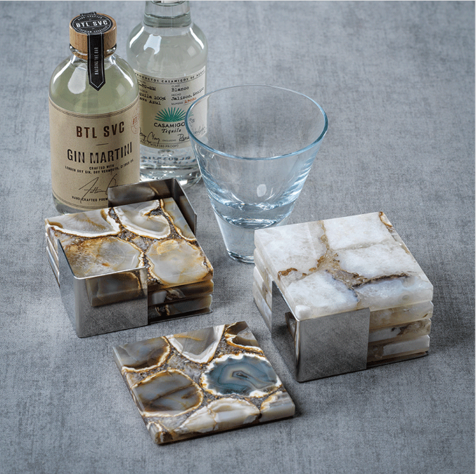 Crete Agate Coasters On Metal Tray - Set Of 4