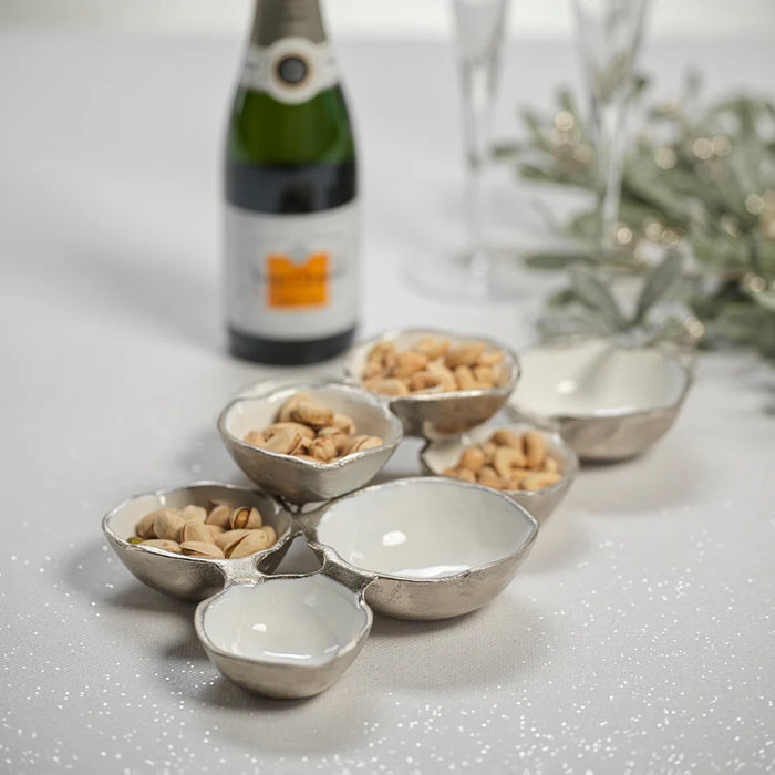 Small Cluster Of 8 Serving Bowls Nickel and White