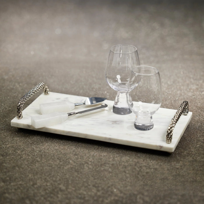 Marble Serving Tray With Woven Metal Handles