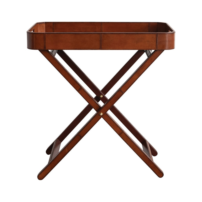 Cognac Leather Folding Tray Side Table