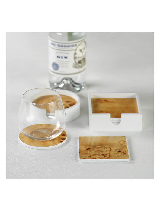 Round Burl Wood White Coasters With Holders - Set Of 4