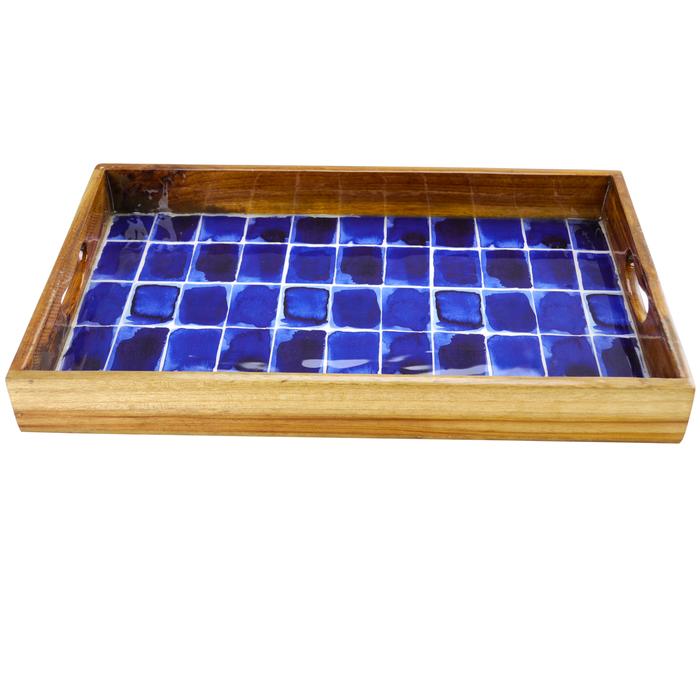 Mozambique Rectangle Tray - Natural Enamel with Wood ( 17")