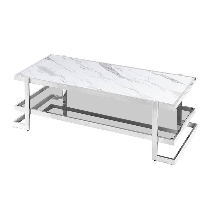 Marble Glass Coffee Table - Silver And White