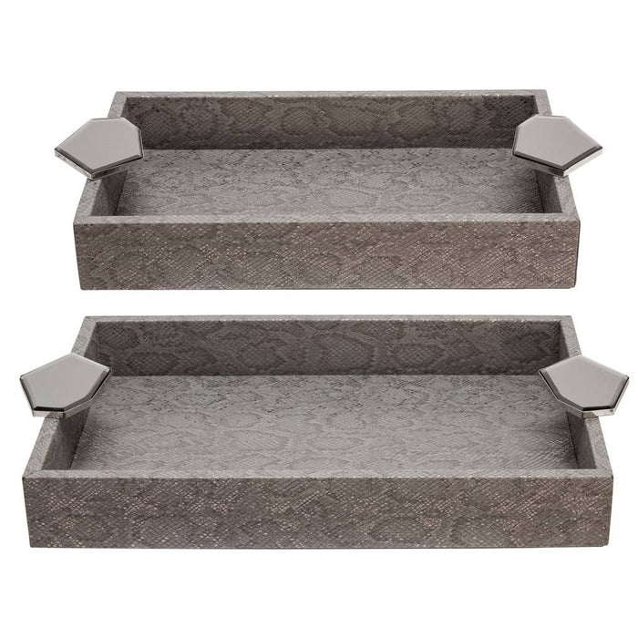Wood Faux Leather Trays - Grey