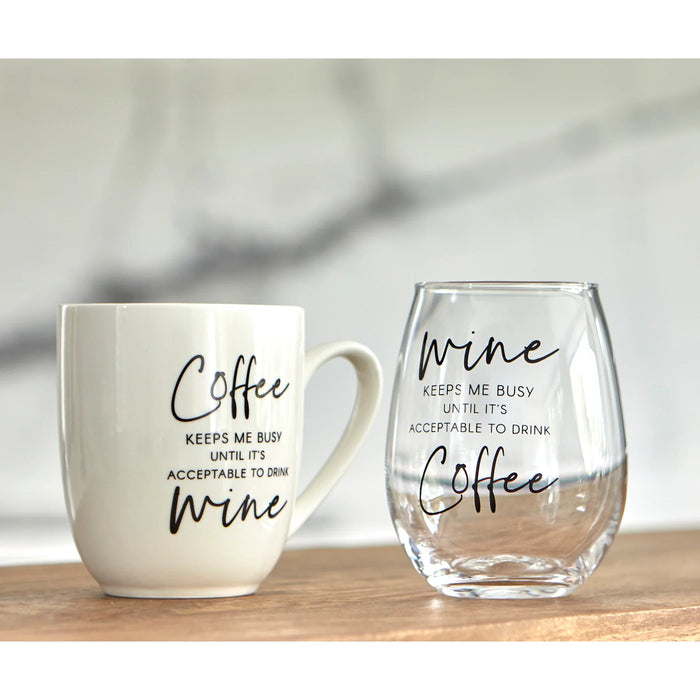 Keeps Me Busy Coffee Mug and Wine Glass Set