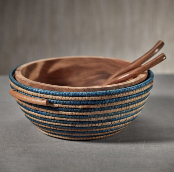 Hand Woven Rattan And Acacia Wood Bowl