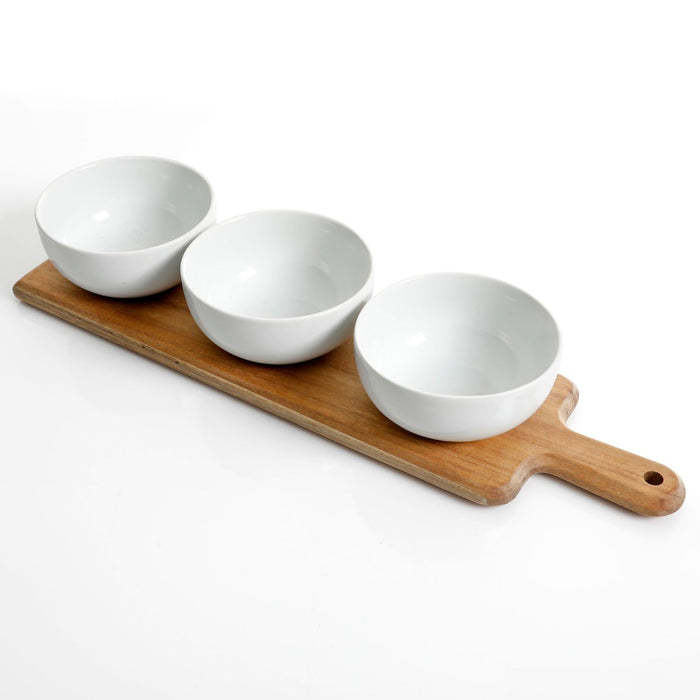 Gracious Dining 3 Piece Tidbit Bowl on Wood Paddle (White)
