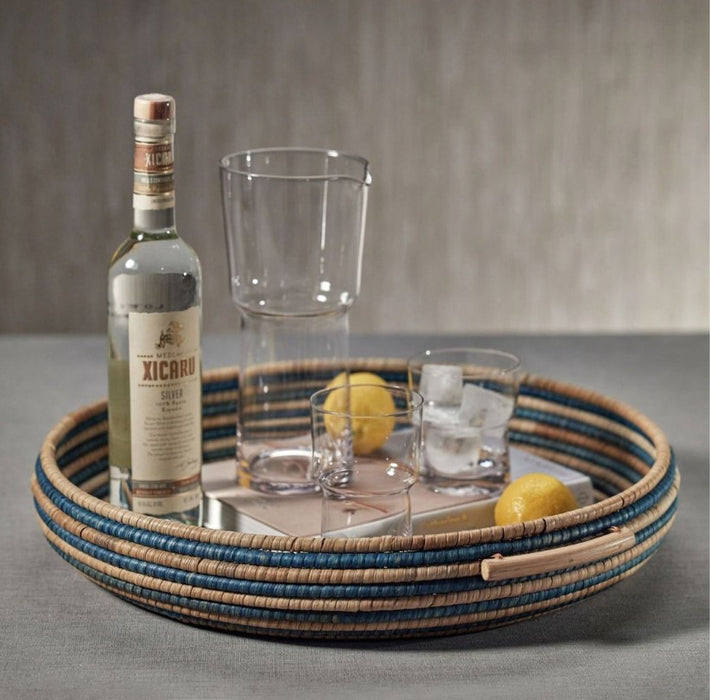 Hand Woven Rattan Serving Tray - Blue