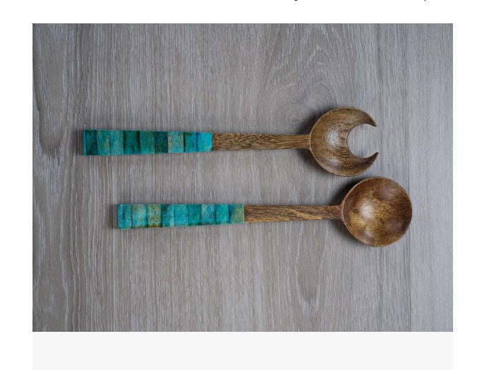 Mango Wood Salad Servers - Turquoise