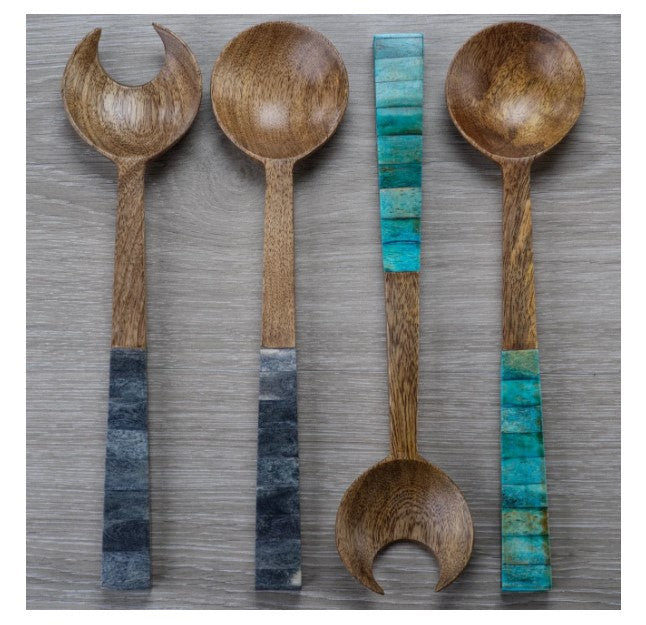 Mango Wood Salad Servers - Turquoise