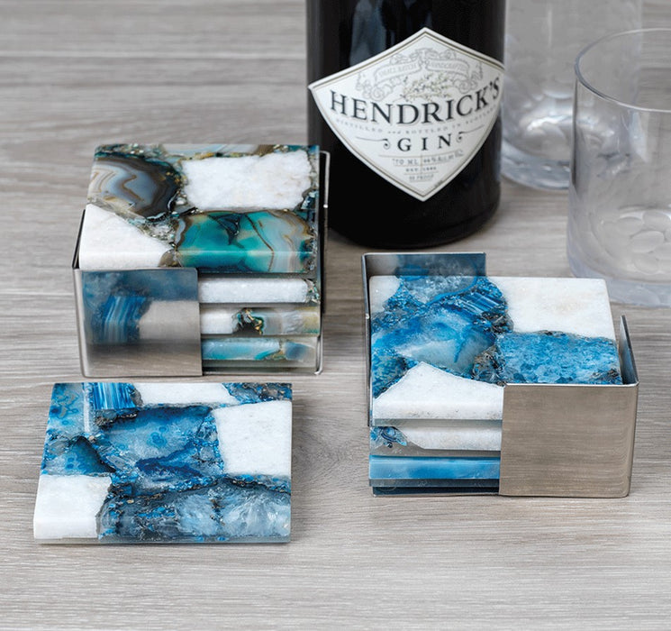 Crete Agate Coasters On Metal Tray - Set Of 4