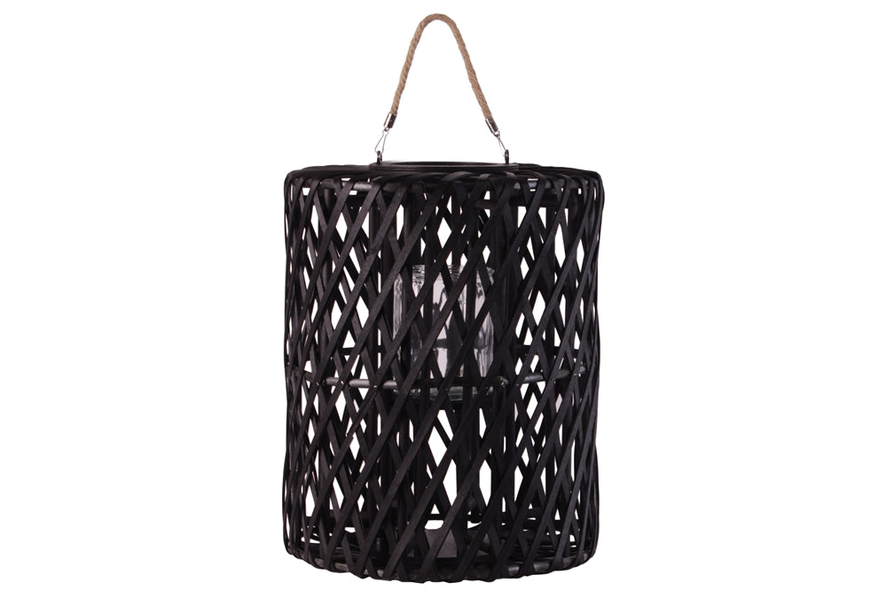 Wood Cylindrical Lantern With Rope Handle